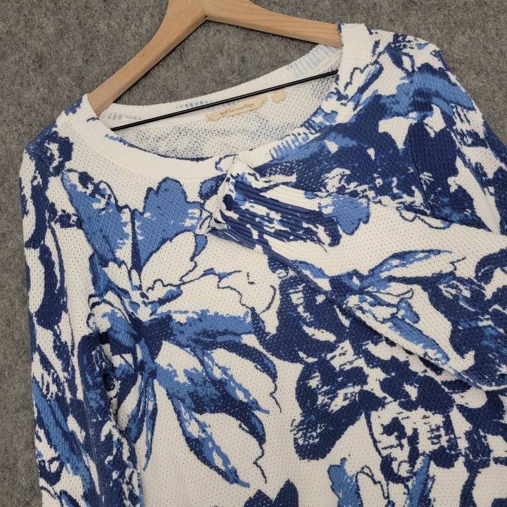Soft Surroundings Marin Sweater Womens L Blue Floral Waffle Knit Tunic Pullover - Picture 5 of 12